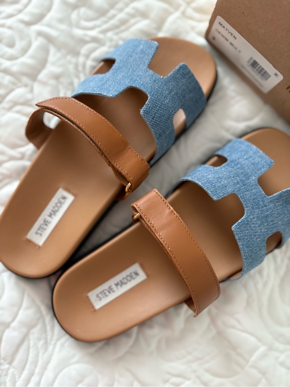 Steve Madden Mayven Blue Denim and Tan Leather Slide Sandals